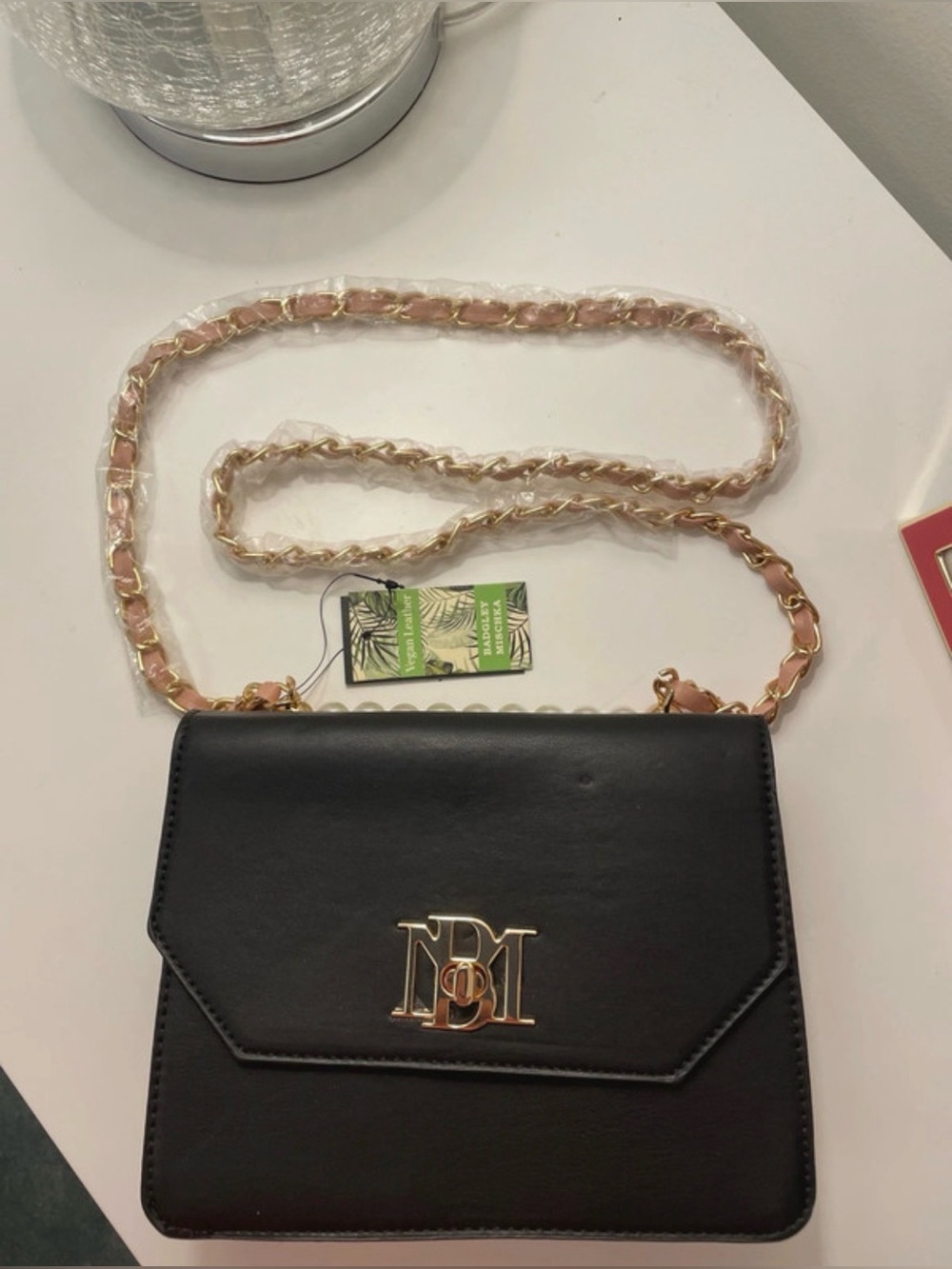 Badgley Mischka Chain Shoulder Bag for Women, Pearl Accent, Black Blush